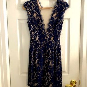 Aidan Mattox Navy Blue & Nude Lace Mini Dress